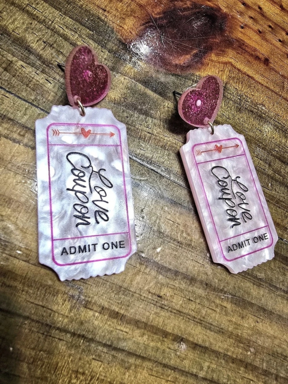 Pink Heart Ticket Earrings